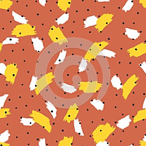 Repeated watercolour brush strokes and rounded dots. Trendy seamless pattern.