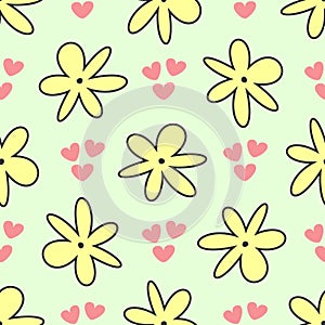 Repeating abstract flowers and hearts. Cute floral seamless pattern.