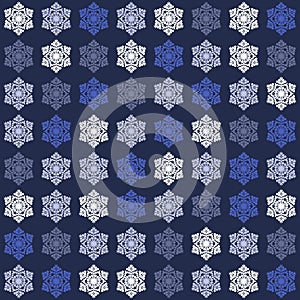 Repeating christmas seamless pattern, geometric ornament snowflake white blue background