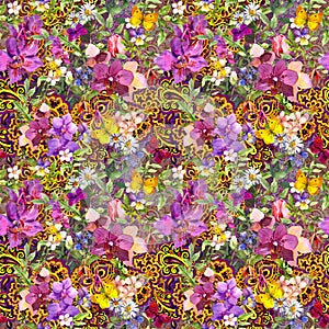 Repeating floral background. Modern oriental ornament paisley, flowers . Watercolour