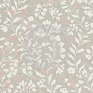 A repeating floral pattern featuring white botanical elements on a light gray