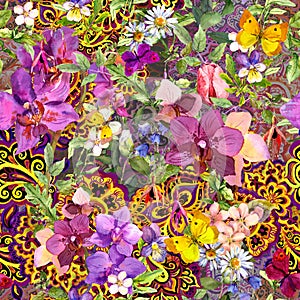 Repeating floral wallpaper. Decorative eastern ornament paisley, flowers . Watercolor