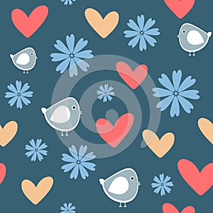 Repeating funny flowers, birds and hearts. Cute seamless pattern.