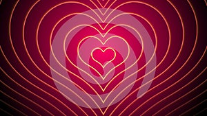 Repeating heart outline tunnel on red background.