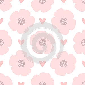 Repeating hearts and flowers drawn by hand. Cute floral seamless pattern.