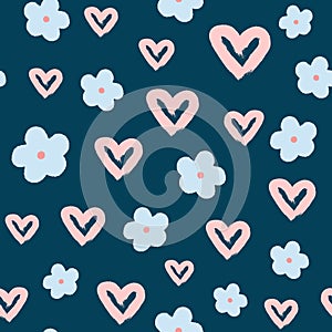 Repeating hearts and flowers drawn by hand with rough brush. Cute girlish seamless pattern.