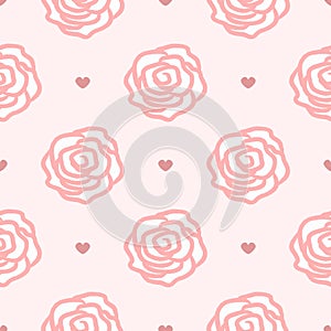 Repeating hearts and rose flowers drawn by hand. Cute floral seamless pattern.