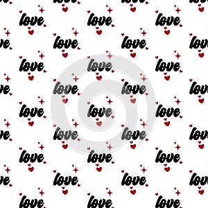 Repeating hearts, round dots and the handwritten word Love.