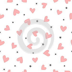 Repeating hearts and stars drawn by hand. Cute romantic seamless pattern.