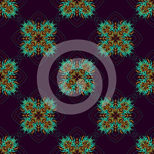 Repeating ornamental pattern design. Decorative square tiles - mandalas - orange turquoise on dark urple