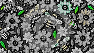 Repeating pattern of bees and flowers in green splash