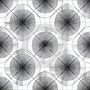 Repeating pattern of circles and intersecting lines on white grid