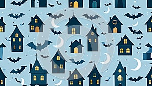 A repeating pattern of dark houses, crescent moons, and bats on