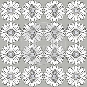 Repeating pattern of detailed flowers in white and crystallic sunflowers on gray background creates modern