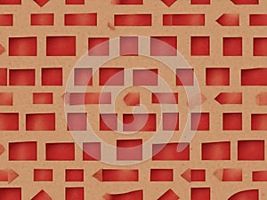 Abstract geometric pattern with red shapes on a tan background