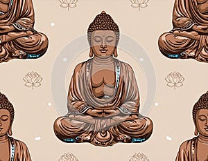 Seamless pattern with Buddha statues and lotus flowers
