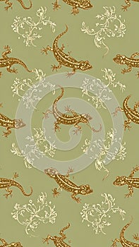 Lizards and Floral Pattern on Green Background