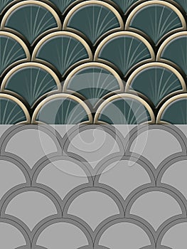 A repeating pattern, featuring overlapping, fan-shaped elements, creates a visually textured surface