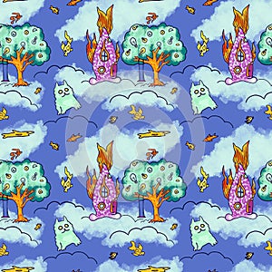 A repeating pattern with fish house, magic tree and cat