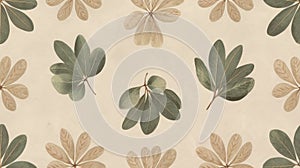 Repeating Pattern of Green and Beige Leaf Illustrations on Light Beige Background
