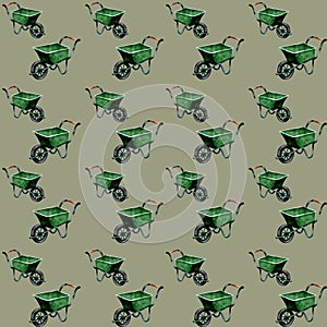 Repeating pattern of green wheelbarrows on a neutral background