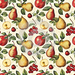 Illustrated pattern of pears, apples, and cherries on cream background