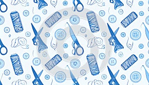 A repeating pattern of light blue sewing tools and buttons on a