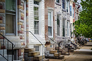 Repeating pattern of row houses in Hampden, Baltimore, Maryland.