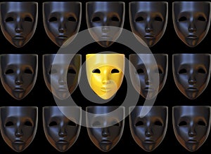 A repeating pattern of sad and one happy mask.