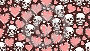 Repeating pattern of skulls and hearts in black and pink