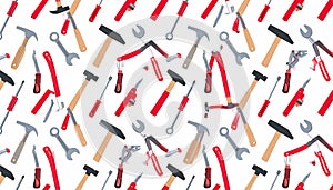 A repeating pattern of various hand tools, including hammers, sc
