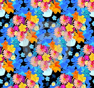 Repeating pattern with watercolor flowers in a vase against huge blue flowers on black background. Seamless print for fabric