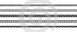 Repeating ropes set. Seamless hemp cord lines collection. Black outline chain, braid, plait stripes bundle. Horizontal