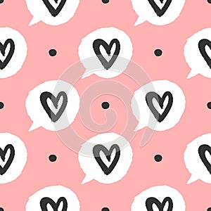 Repeating round dots and bubbles of speech with outlines of hearts. Cute seamless pattern drawn by hand with a rough brush.