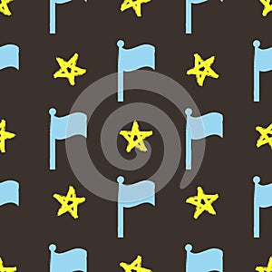 Repeating silhouettes of flags and outlines of stars drawn by hand with rough brush. Seamless pattern for kids.