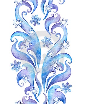 Repeating winter border frame, watercolor ornamental stripe