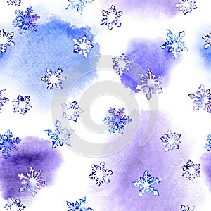 Repeating winter pattern with snow flake on blotch watercolor