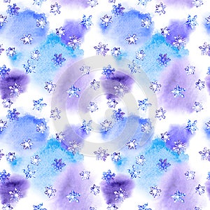 Repeating winter pattern with snowflakes on blotch watercolor