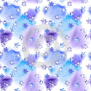 Repeating winter pattern with snowflakes on blotch watercolor photo