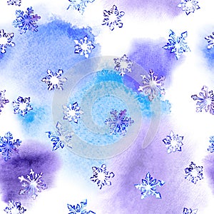 Repeating winter pattern with snowflakes on blotch watercolour
