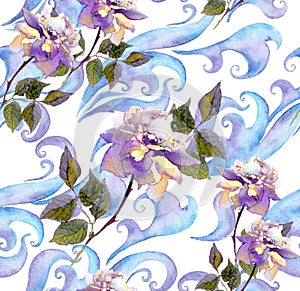 Repeating winter watercolor floral pattern. Watercolor ice design with rose flowers, scrolls, curves