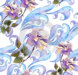 Repeating winter watercolor floral pattern. Watercolour design with rose flowers, scrolls, curves