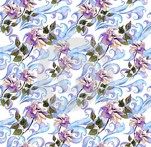 Repeating winter watercolor floral wallpaper. Watercolor design with rose flowers, scrolls, curves