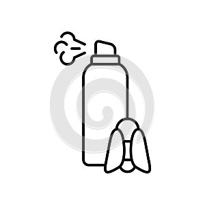 Repellent. Linear aerosol spray can with insect icon. Black simple illustration of disinfectant, anti-moth, skin protection