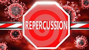 Repercussion and Covid-19, symbolized by a stop sign with word Repercussion and viruses to picture that Repercussion is related to
