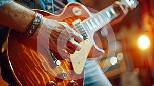 Repetition of rock music band. Cropped image of electric guitar player. Rehearsal base.