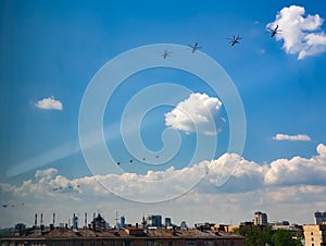 Repetition of Victory Day in Moscow. Helicopters
