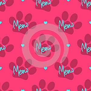 Repetitive heart, silhouette of cat`s footprint and text Meow. Cute seamless pattern.