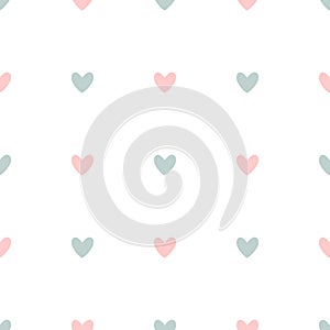 Repetitive pink and blue hearts on white background. Romantic seamless pattern.