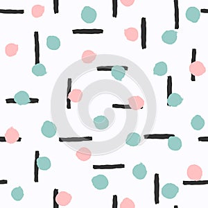 Repetitive short lines and round spots painted with a rough brush. Watercolour seamless pattern. Sketch, grunge, watercolor.